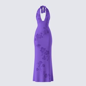 Finesse Nari Purple Rhinestone Plunge Halter Maxi Dress NIP Size S